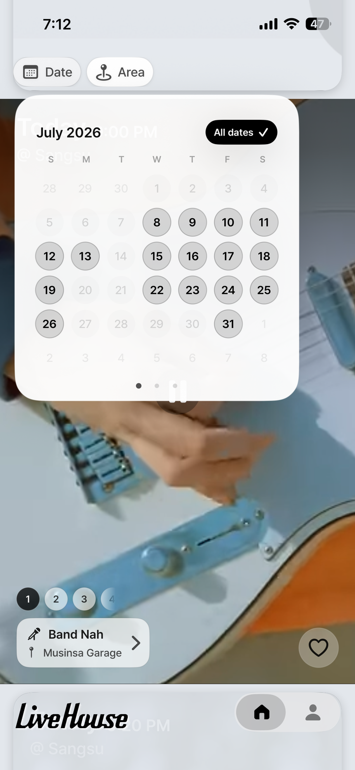 LiveHouse date and area filter screen
