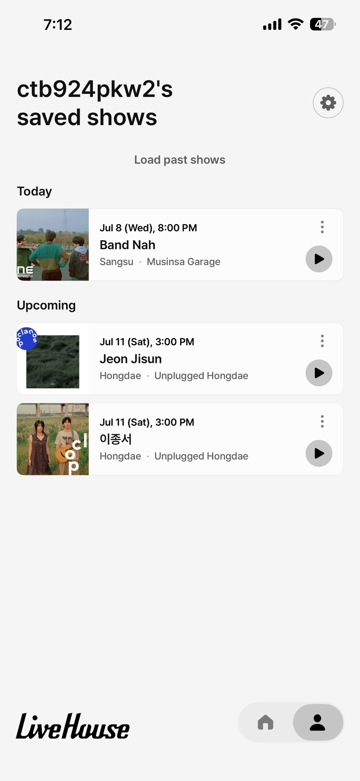 LiveHouse saved shows screen